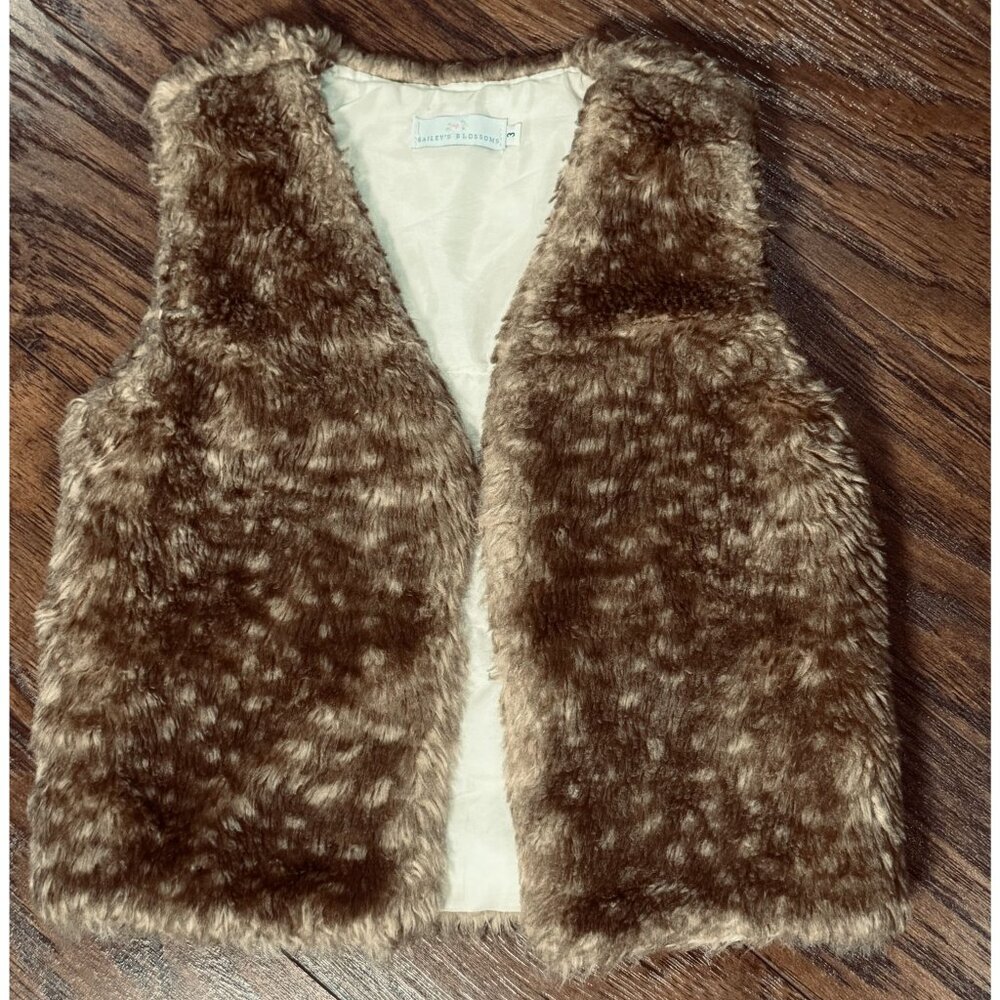 Bailey’s Blossoms Girls Faux Fur Vest Brown Sleeveless Cozy Winter Size 3